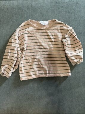 Zara Beige and Olive Striped Puff-Sleeve Top